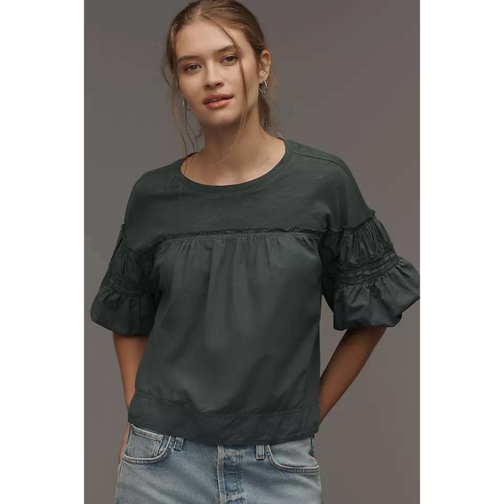 Anthropologie Pilcro Reworked Ruffle Sleeve Top Turquoise Medium New With Tags